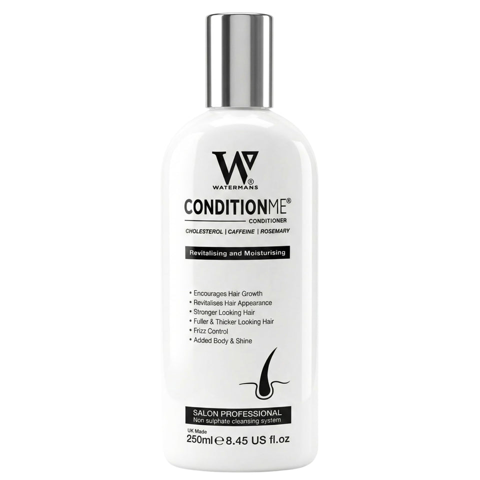 Watermans Hair Growth and Repair Conditioner bottle close-up, highlighting nourishing formula for healthier hair.