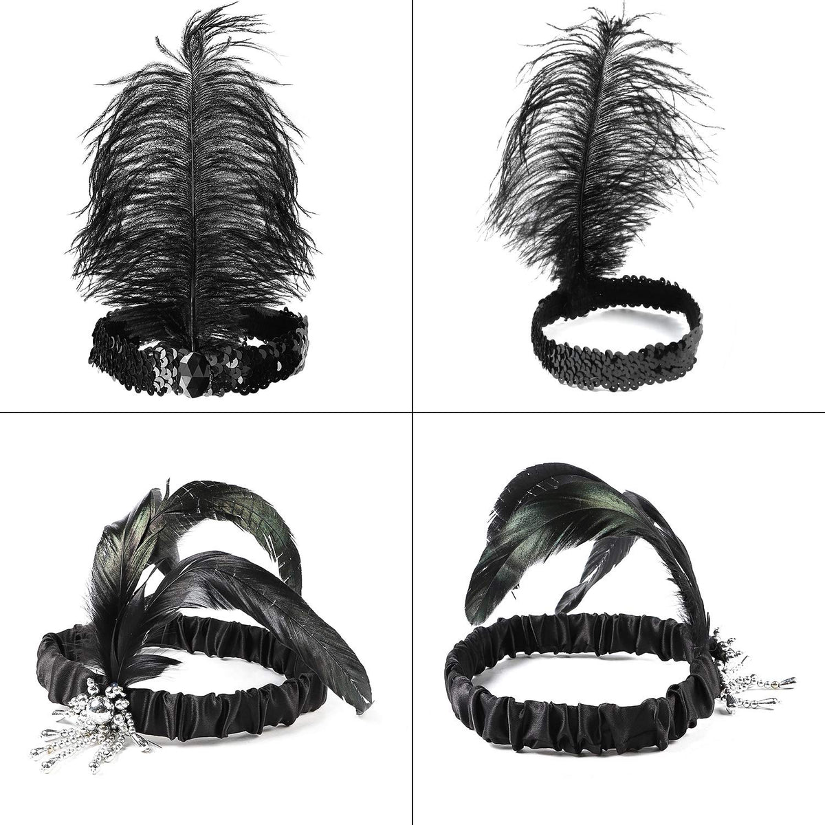 WATINC white crystal headband with a single feather for elegant contrast.