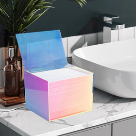 Watpot Rainbow storage box on vanity enables quick, tidy towel access.