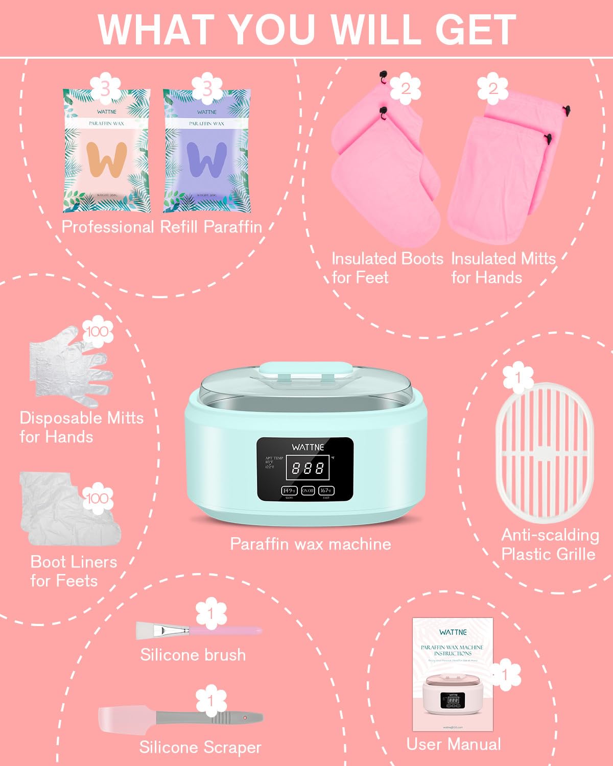 Beauty brush, silicone spoon, and heat-insulating grid aid prep and clean handling.