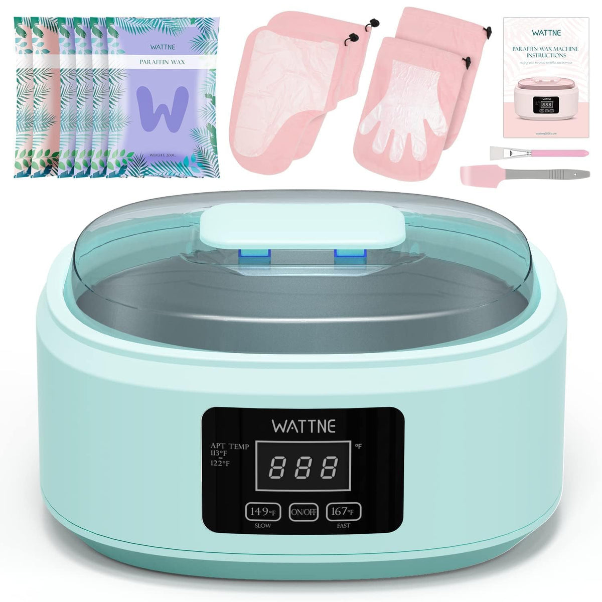Wattne paraffin wax machine in green ready for at-home spa warmth and skin softening.