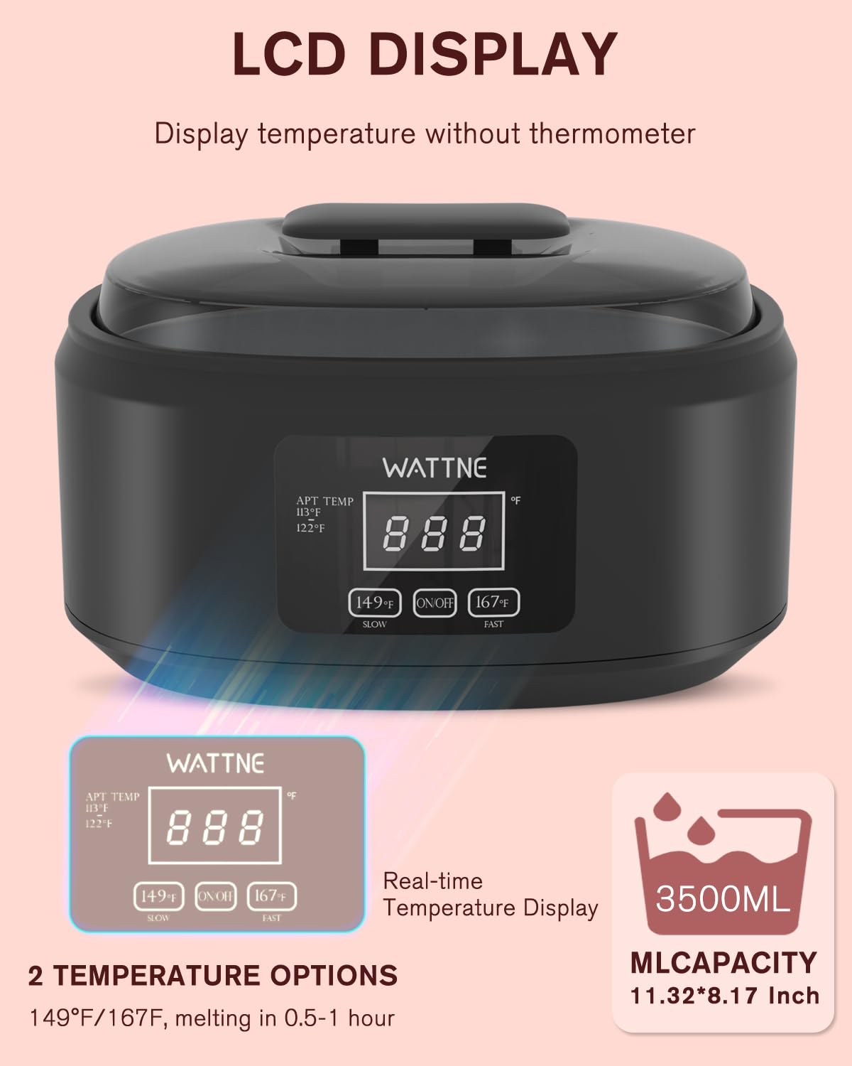 Wattne paraffin wax machine showing precise 167F heat control.