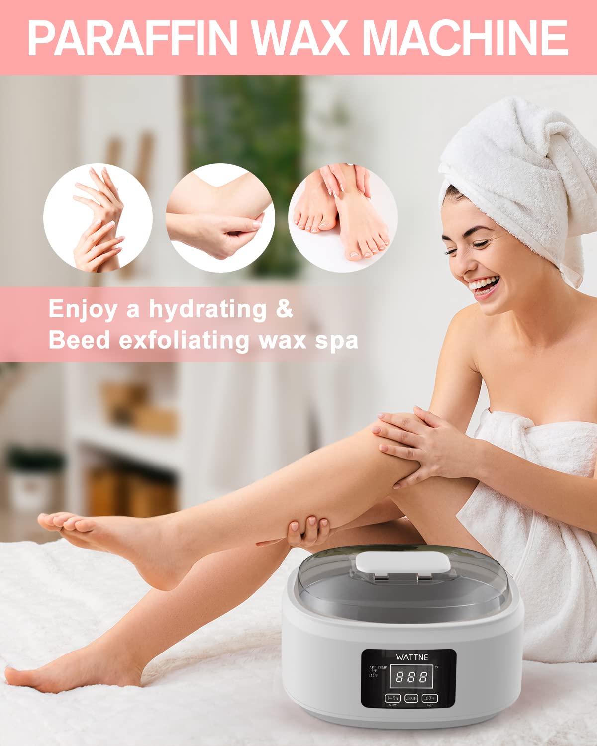 Wattne paraffin wax machine with thermal mitts and booties for comfort.