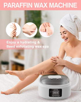 Wattne paraffin wax machine with thermal mitts and booties for comfort.