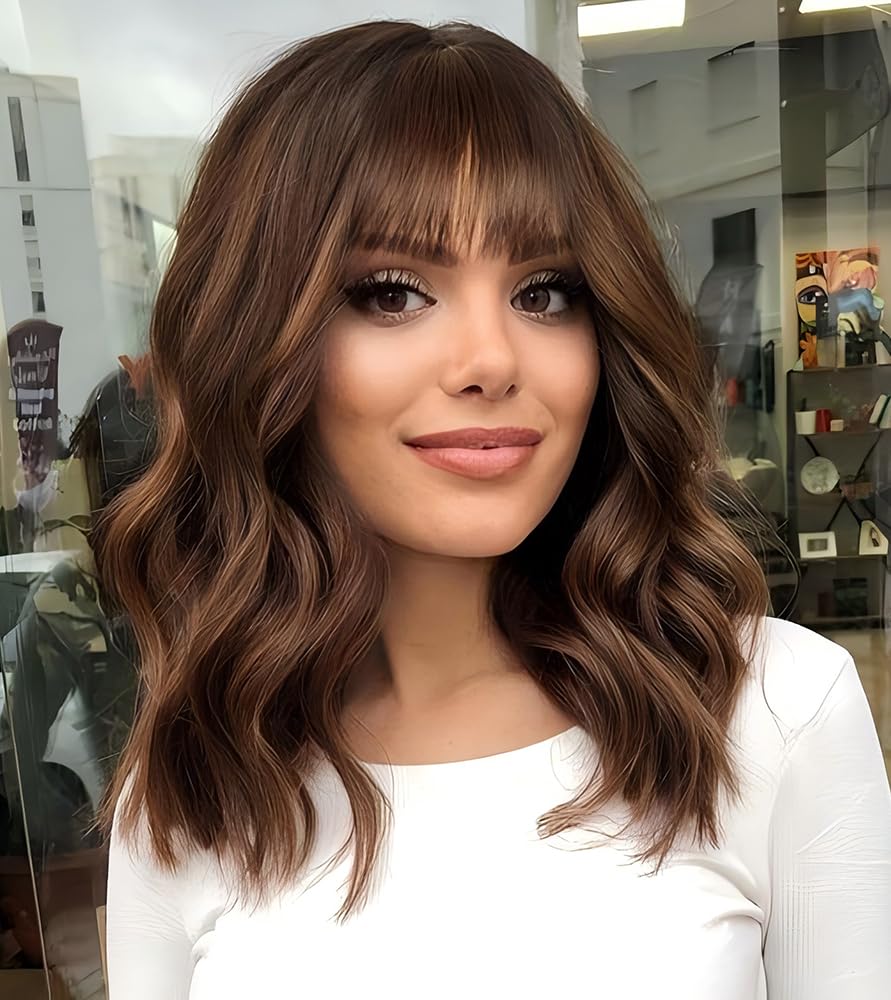 WAVE&BREEZE 14-Inch Wavy Bob Wig with Bangs showing textured waves for a natural everyday look