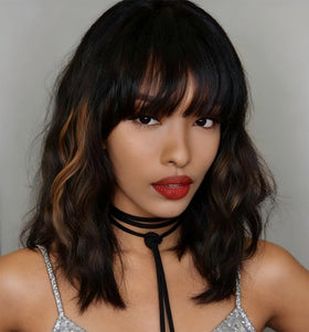 WAVE&BREEZE 14in wavy bob wig with bangs for daily wear.