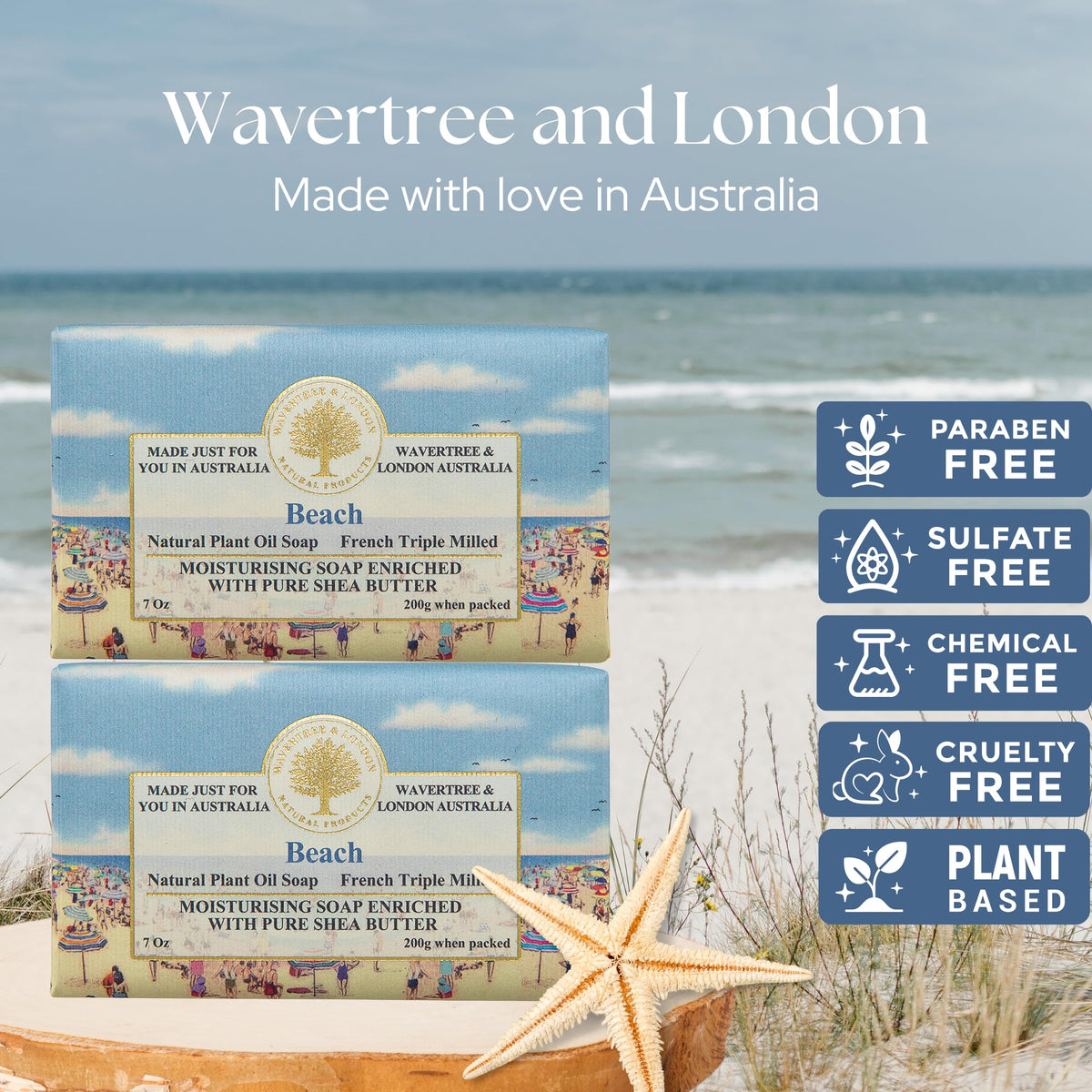 Wavertree & London Beach soap bar 1 close-up with moisturizing glycerin and shea butter