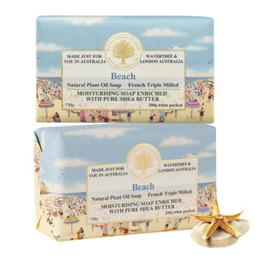 Wavertree & London Beach soap pack close-up showing two bars for daily cleansing