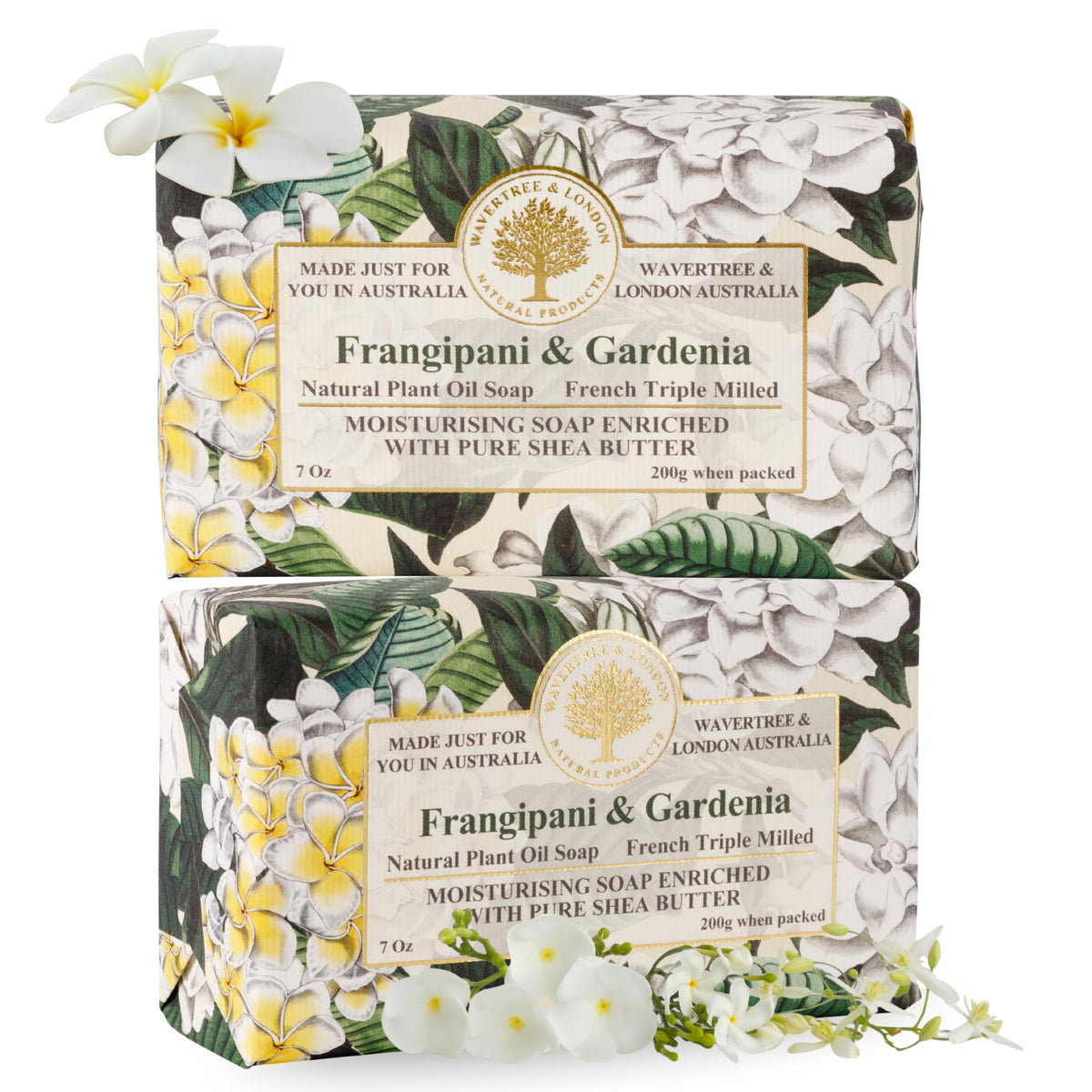 Wavertree & London Frangipani Gardenia soap bar close-up showing creamy moisturizing lather.