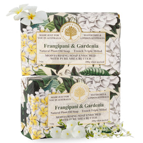 Wavertree & London Frangipani Gardenia soap bar close-up showing creamy moisturizing lather.