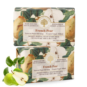 Wavertree London French Pear soap bar close-up shows creamy lather.