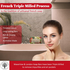 French triple milled process detail ensuring luxuriously smooth soap bar