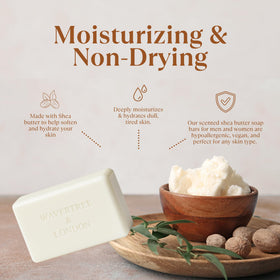 Close view of Havana soap bar with shea butter highlighting moisturizing formula by Wavertree & London.