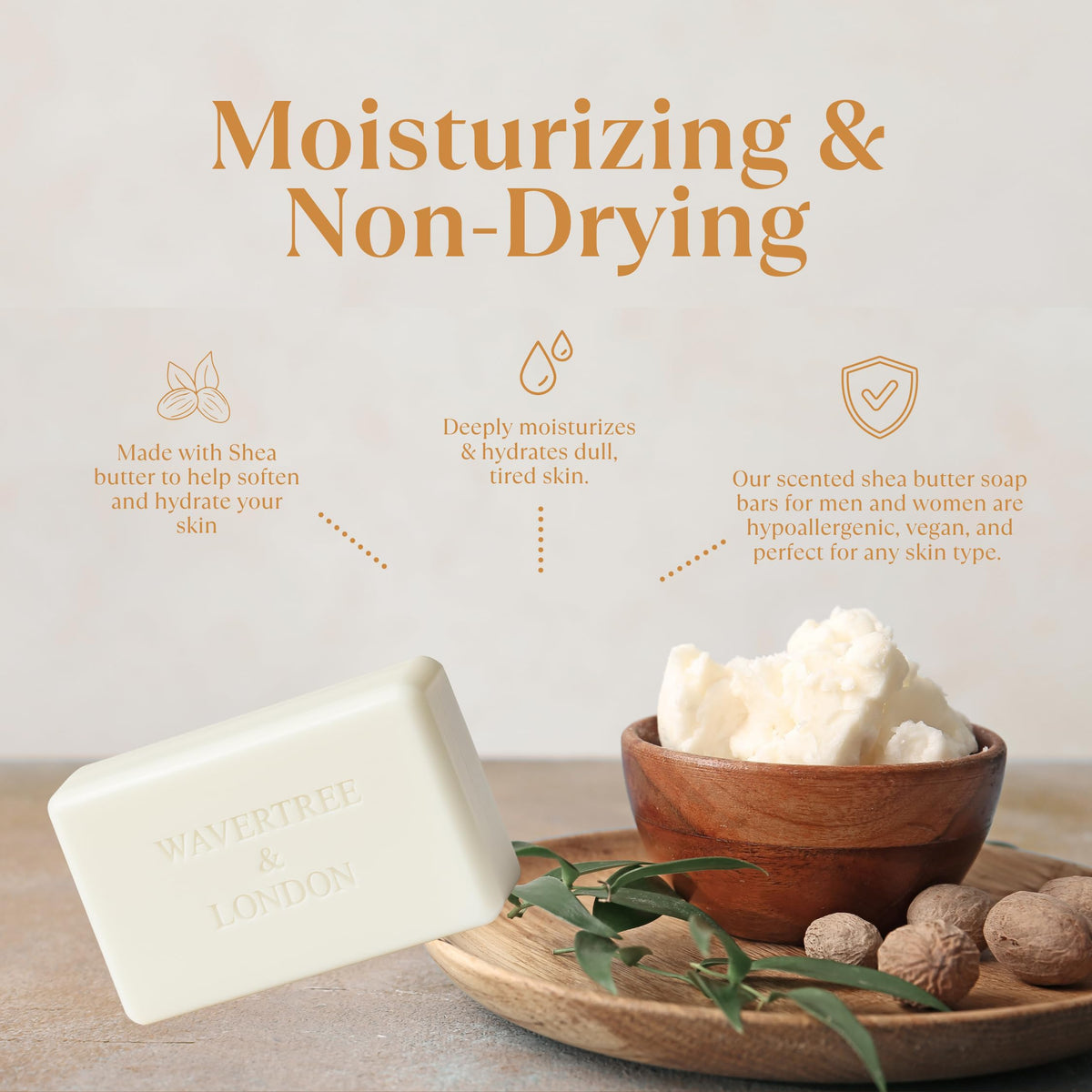 Wavertree and London Honey Almond soap bars on display emphasizing natural ingredients