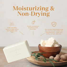 Wavertree and London Honey Almond soap bars on display emphasizing natural ingredients