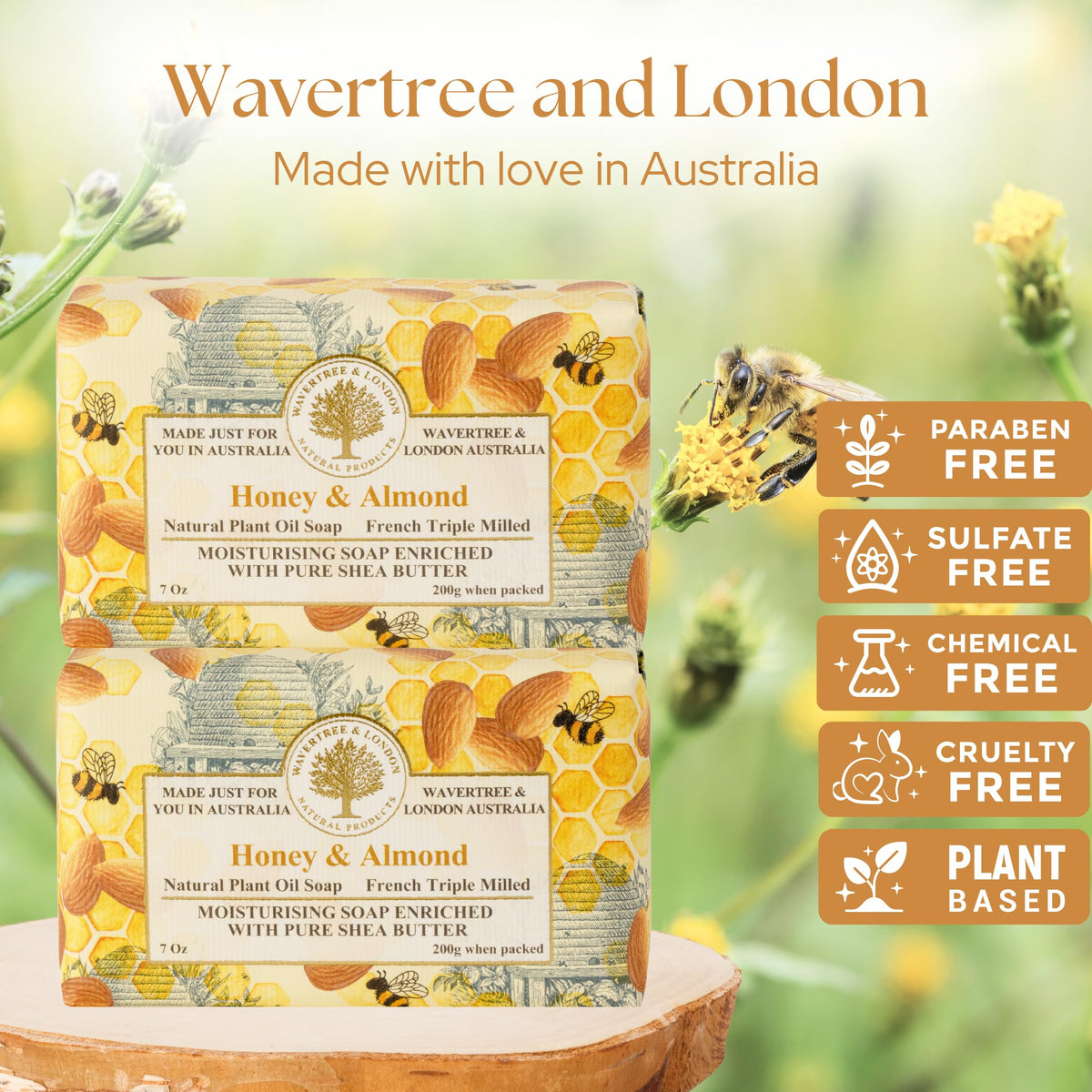 Wavertree and London Honey Almond soap lather closeup highlighting creamy, long-lasting foam