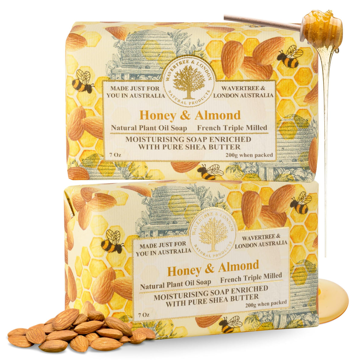 Wavertree and London Honey Almond soap pack shot showing full bars for everyday moisturizing