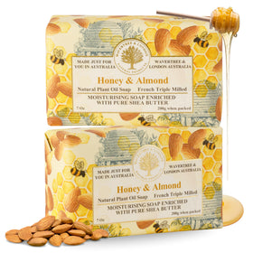 Wavertree and London Honey Almond soap pack shot showing full bars for everyday moisturizing
