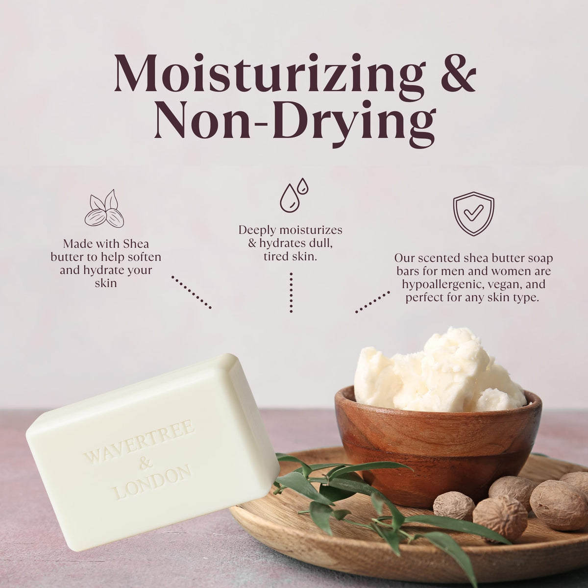 Wavertree & London moisturizing soaps enriched with shea butter for softer skin after washing