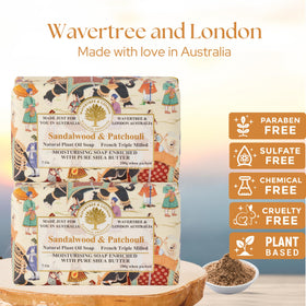 Wavertree & London sandalwood-patchouli soap bars shown as a two-bar set.