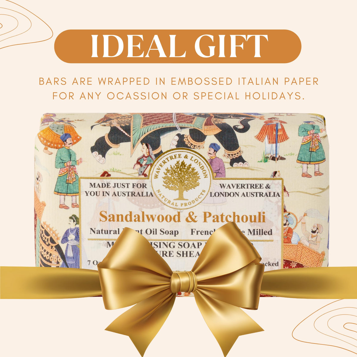 Gift-ready packaging with embossed design for Wavertree & London soap.