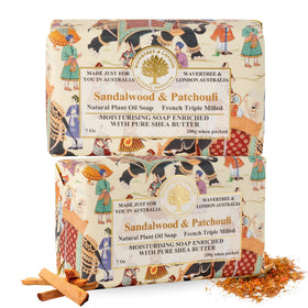 Wavertree & London sandalwood-patchouli soap packaging, gift-ready presentation.