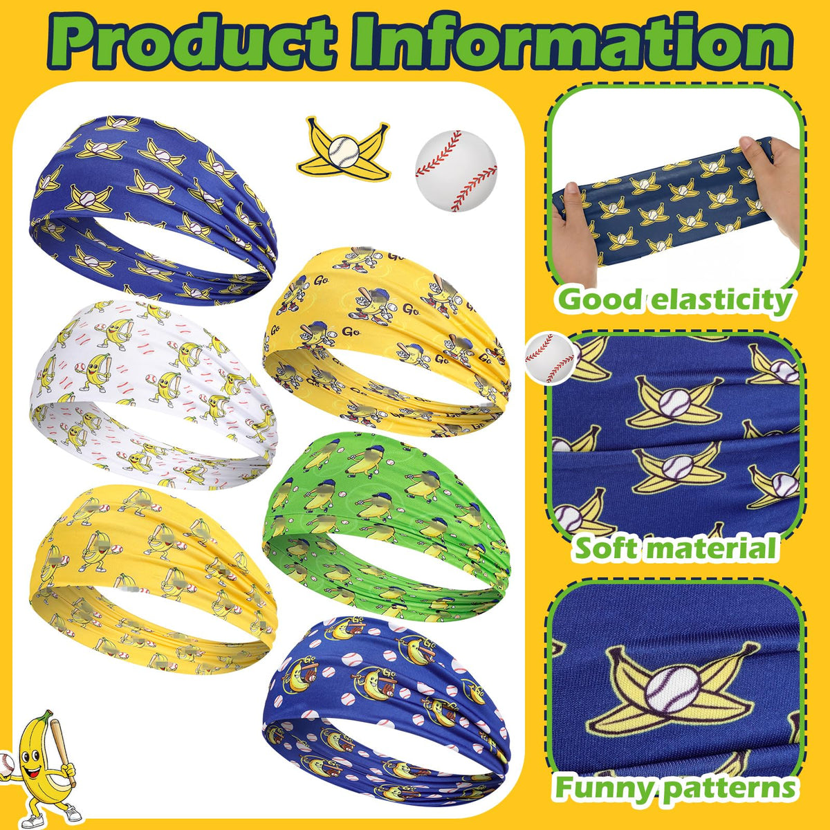 Wavyknot bananas baseball headband side view showing non-slip fit during exercise