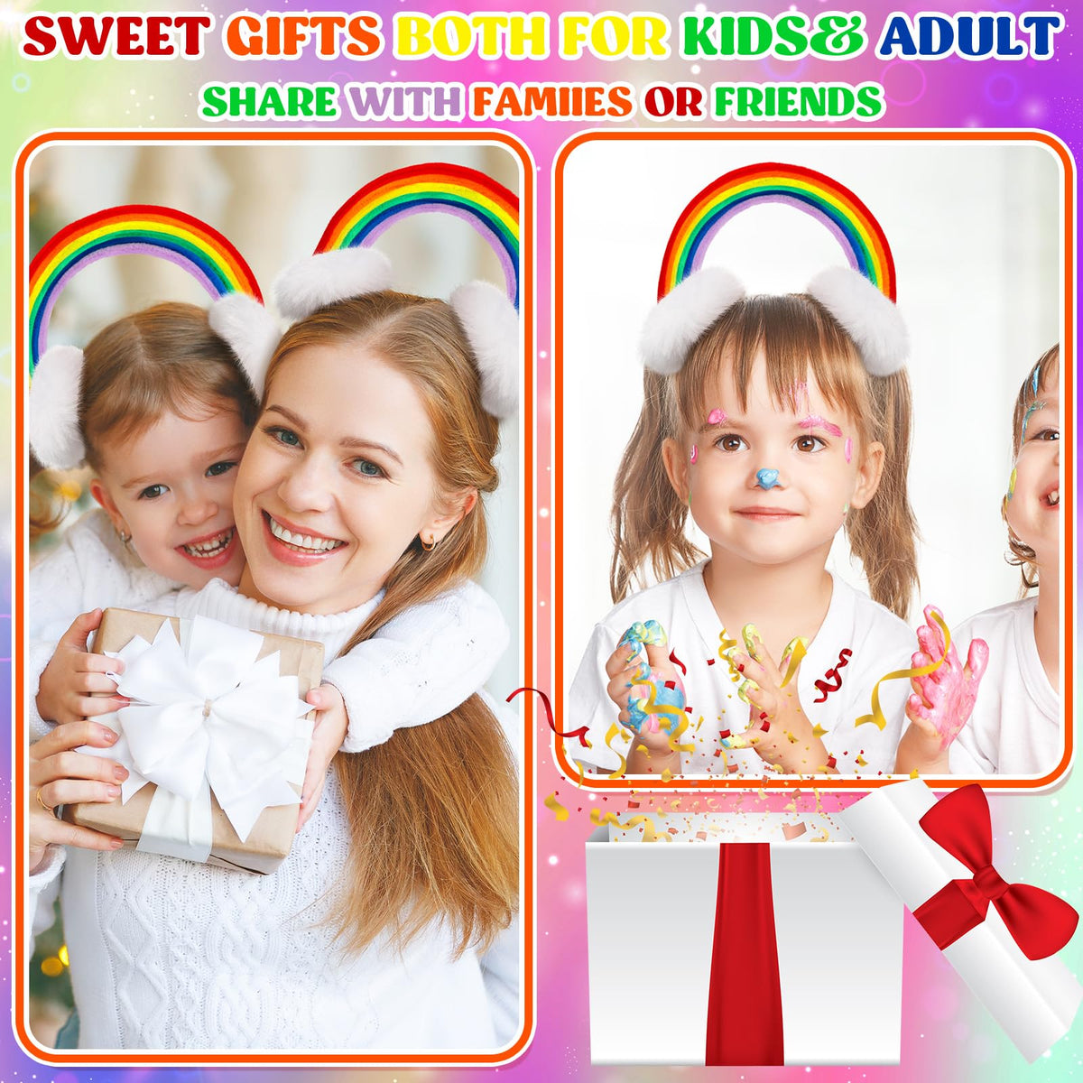 Wavyknot rainbow hoops with secure elastic fit most head sizes.