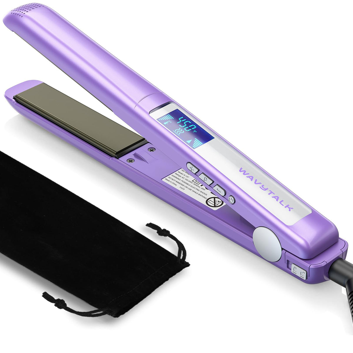 Wavytalk Pro flat iron with 1-inch titanium plates delivering fast, even heat and shine.
