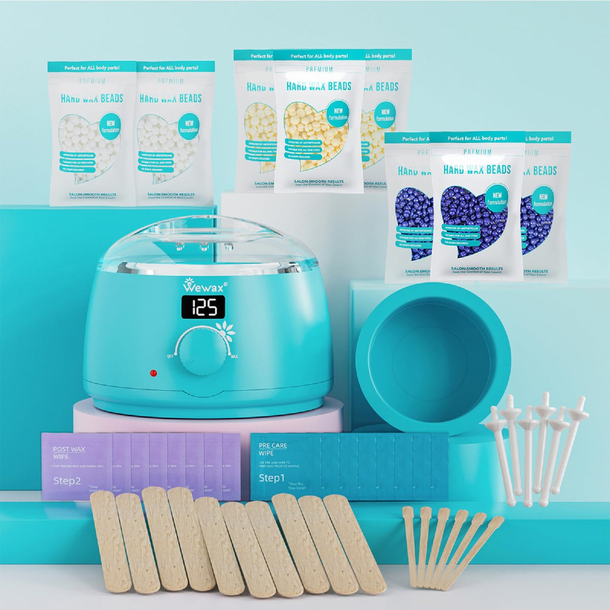 Wax Bear all-in-one wax kit setup for convenient home waxing.
