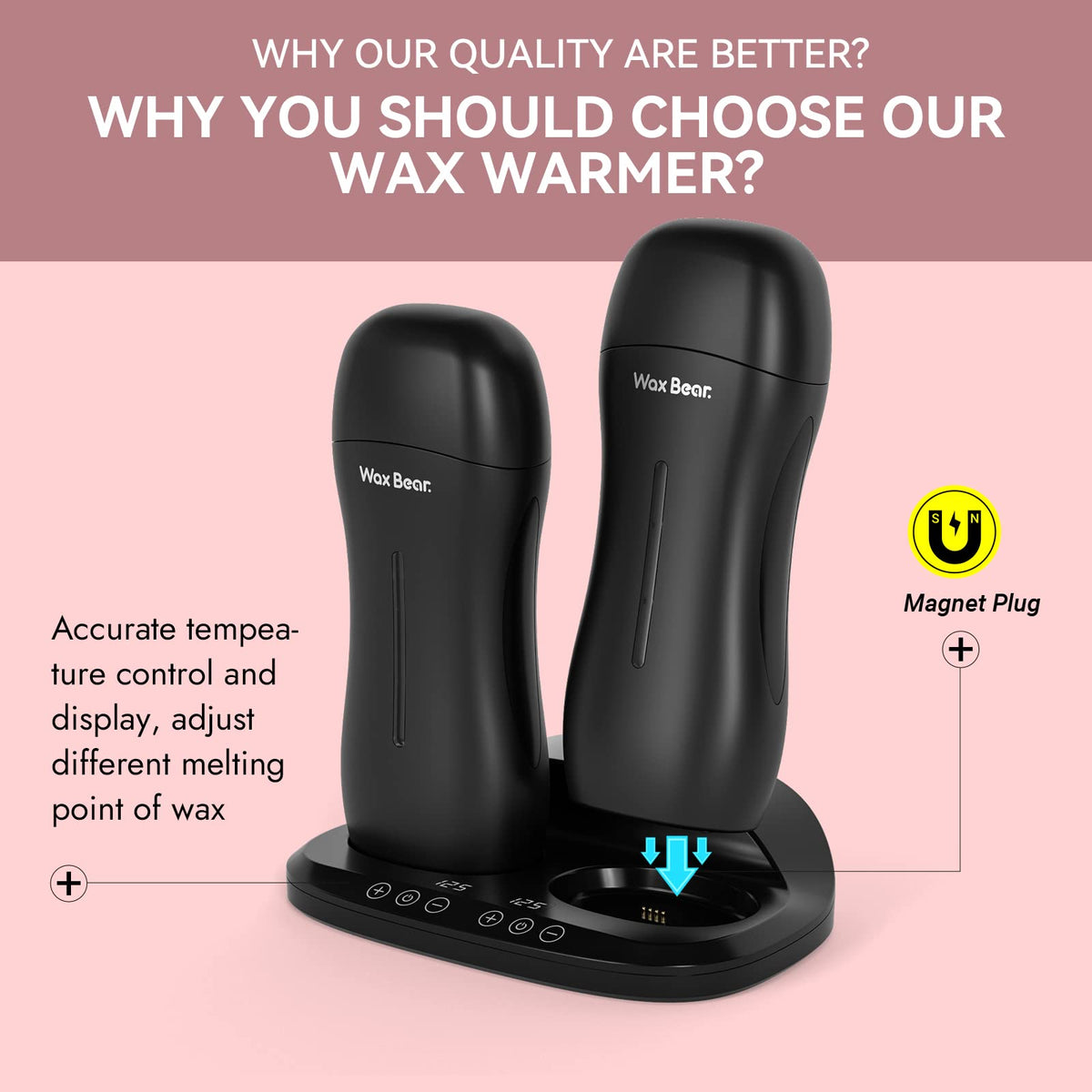 Wax Bear roll-on cartridge system pictured with compatible components for streamlined waxing