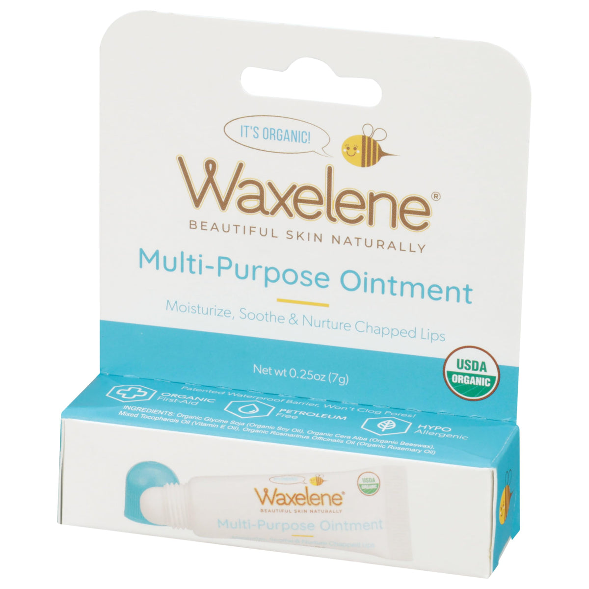 Waxelene Original Lip Tube squeeze action demonstrates easy, on-the-go lip care.
