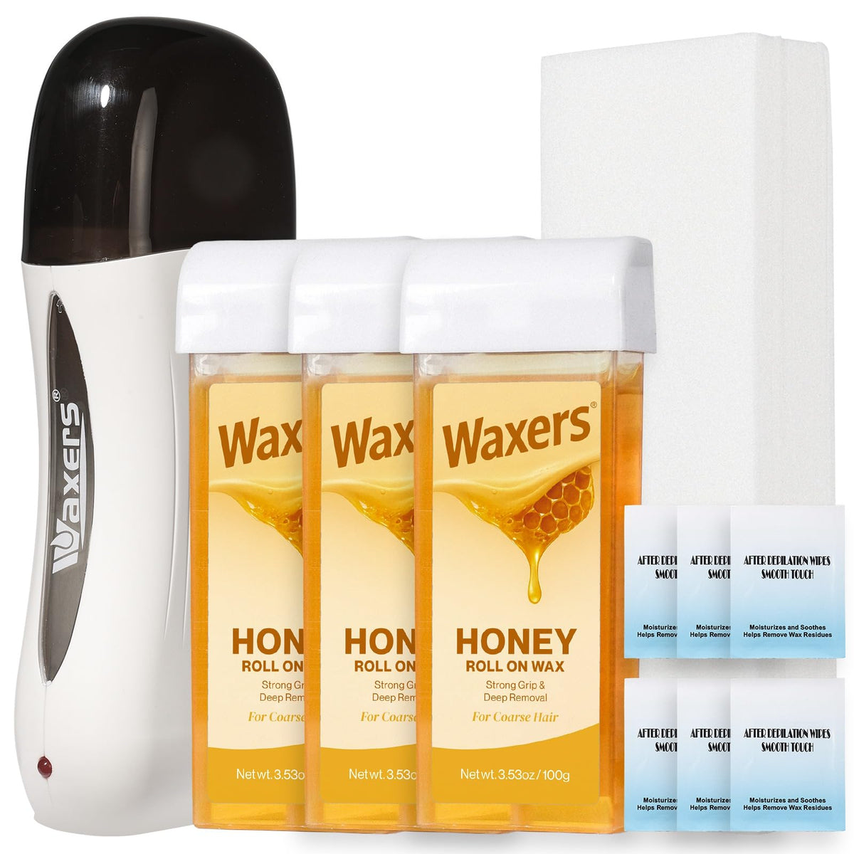 Waxers roll-on wax kit with warmer for smooth hair removal.