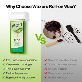 Waxers Roll-On Aloe wax on legs demonstrates efficient hair removal.