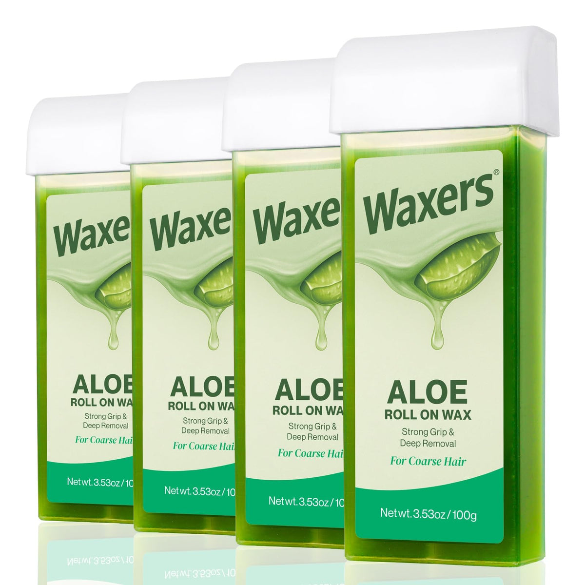 Waxers Roll-On Aloe wax refill closeup shows smooth at‑home waxing application.