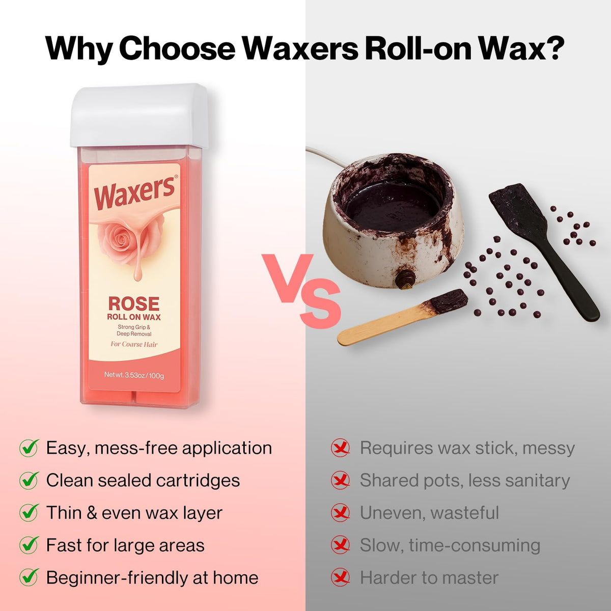 Close-up of Waxers rose wax roller detail with rose extract and hair grip