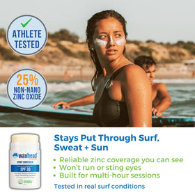Waxhead sunscreen-stick packaging close-up highlighting simple, non-toxic 4-ingredient formula