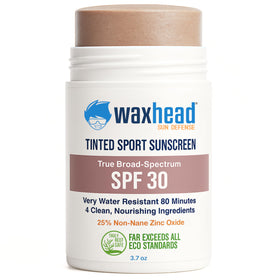 Waxhead tinted zinc oxide sunscreen stick closeup showing cocoa coverage