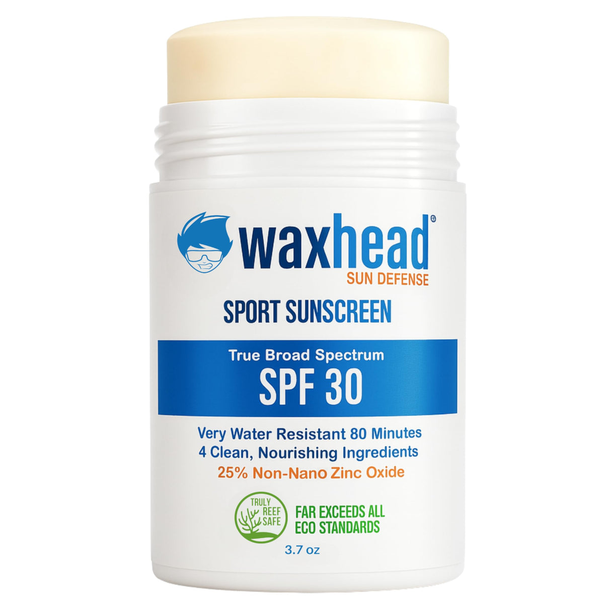 Waxhead zinc oxide sunscreen stick front view showing mineral UV protection for the face