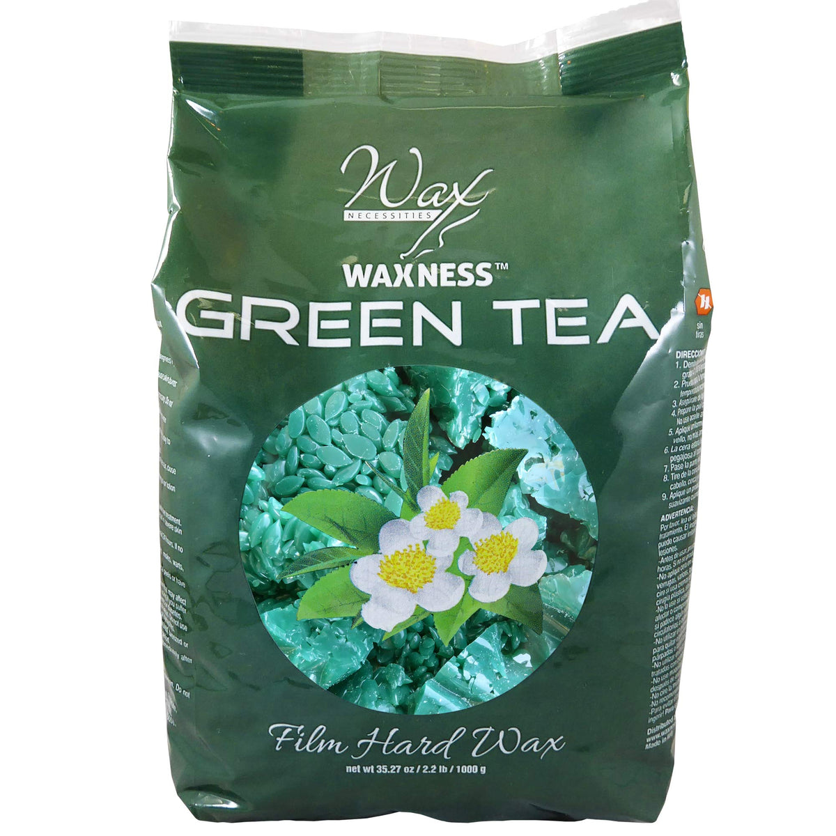Waxness green tea wax beads close-up highlighting elastic texture for clean removal