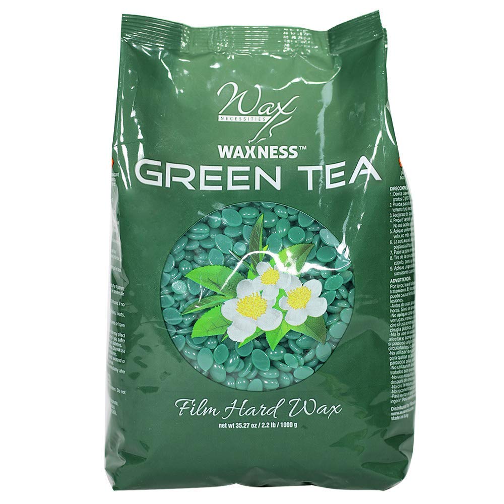 Waxness film hard wax beads with green tea packshot for stripless waxing setup