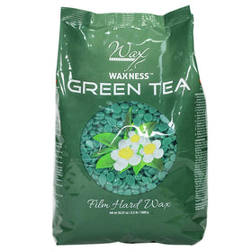 Waxness film hard wax beads with green tea packshot for stripless waxing setup