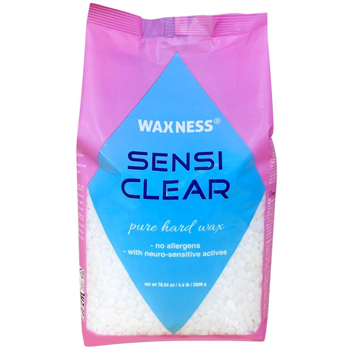 Waxness Sensi Clear beads close-up showing rosin-free formula for precise waxing control.