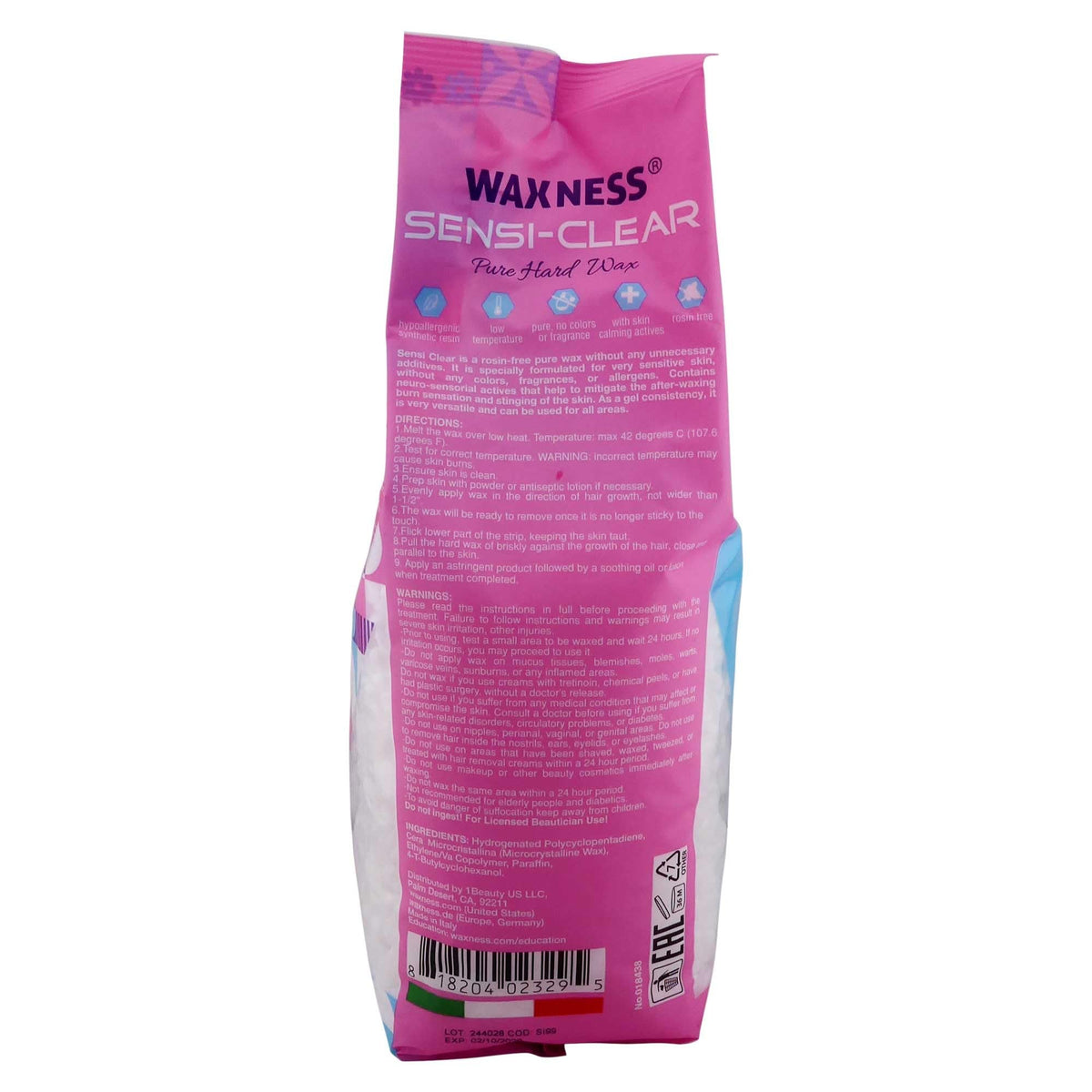 Waxness Sensi Clear wax beads in bag ready for professional stripless applications.