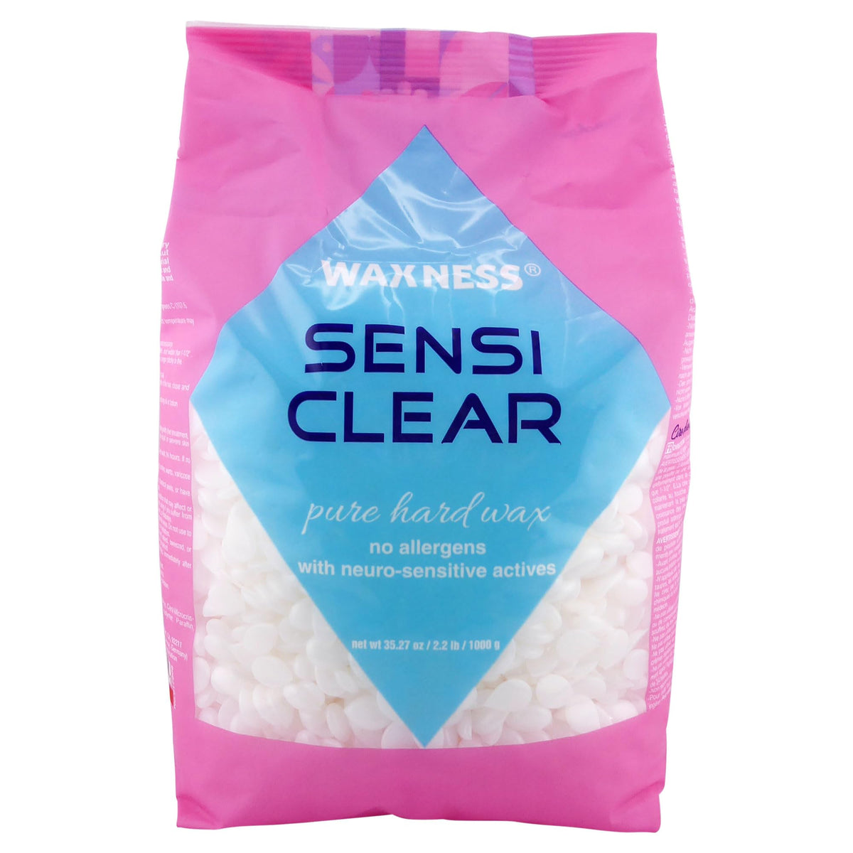 Waxness Sensi Clear Pure beads highlight neuro-active comfort complex for smoother sessions.