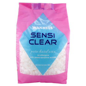 Waxness Sensi Clear Pure beads highlight neuro-active comfort complex for smoother sessions.