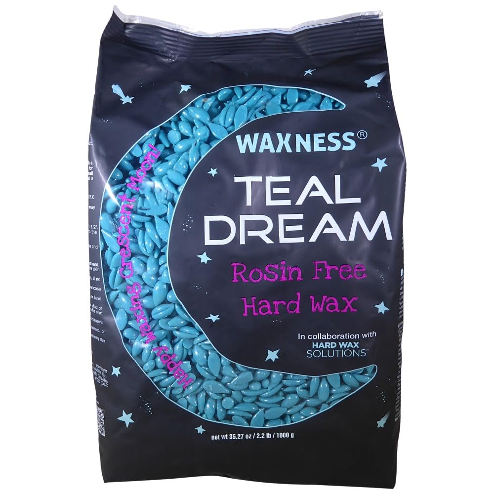 Waxness Teal Dream hard wax beads jar closeup for rosin-free sensitive skin treatments