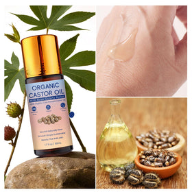 WBTQWJ castor oil bottle close-up showing pure, 100% content.