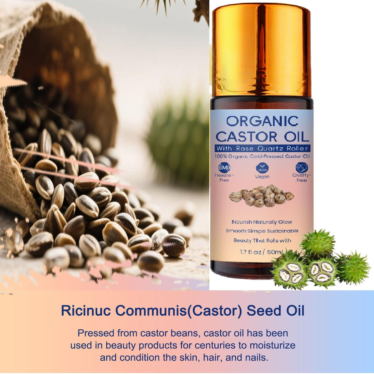 WBTQWJ glossy bottle highlight premium castor oil quality.