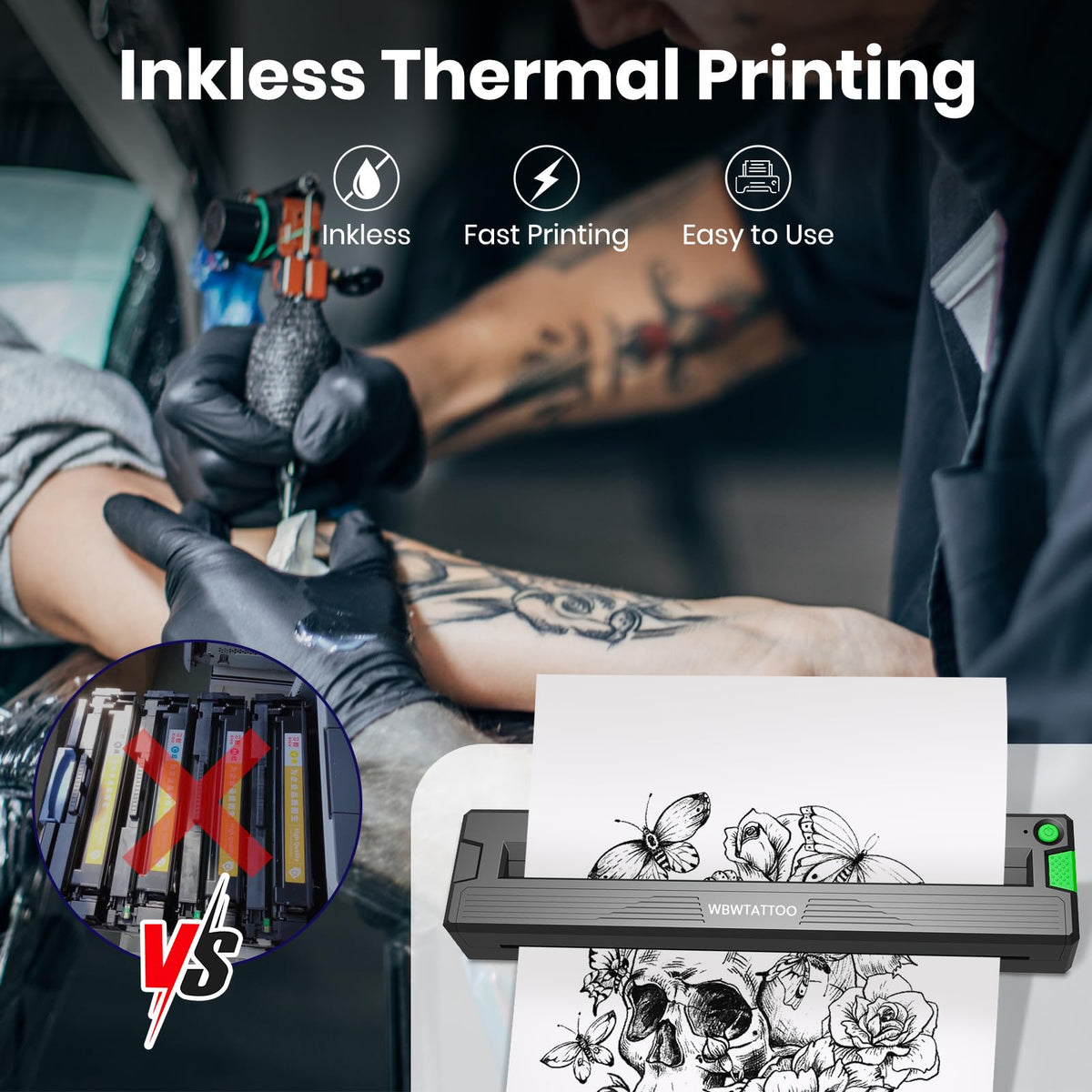 WBWTATTOO compact stencil printer side view highlighting portable, battery-powered operation.